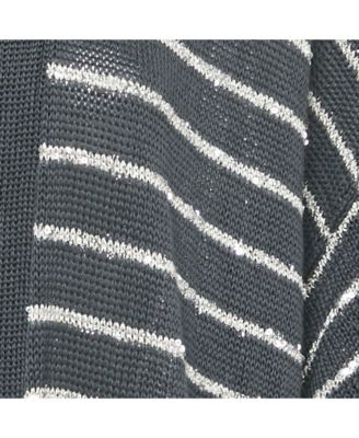 Women's Grey Striped Cotton Sequin Long Cardigan