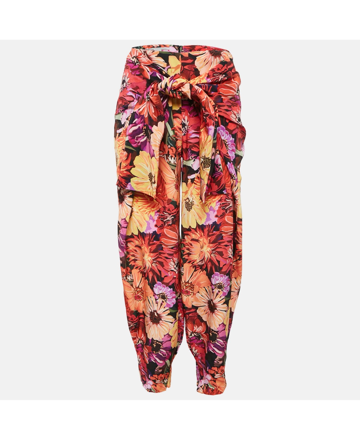 Pre-Owned Stella Mccartney Women's Red Floral Print Silk Tie-Up Trousers