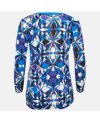 Women's Blue Printed Jersey Round Neck Long Sleeve Top