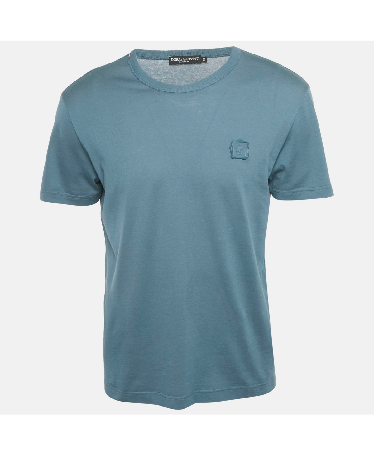 Pre-Owned Dolce & Gabbana Men's Blue Cotton Logo Badge Detail Crew Neck T-Shirt