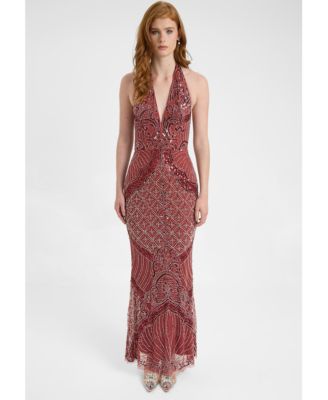 Women's Embellished Sequin Beaded Maxi Dress With Halter Neckline And Deep V-Cut Front