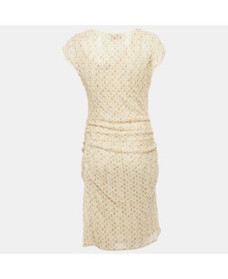 Women's Beige Patterned Lurex Knit Ruche Midi Dress