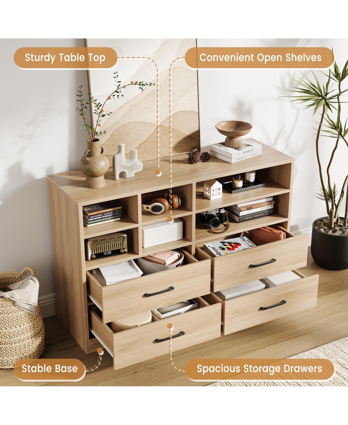 gaomon 4-Drawer Bedroom Dresser with 6 Storage Cubbies and Adjustable Shelves