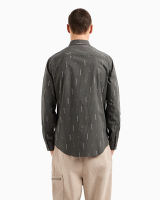 Men's Slim-Fit Striped Logo Print Long Sleeve Button-Front Shirt