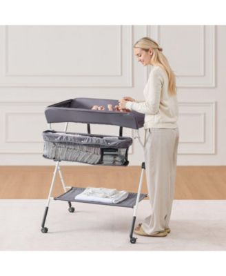 Foldable Baby Changing Table with Wheels and Side Basket
