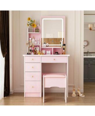 5-Drawer Vanity Set with LED Mirror, Cushioned Stool, and 3-Tier Storage Shelves – Pink MDF Dressing Table