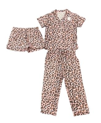 TAHARI Little Girls 3-Piece Pajama Set with Short Sleeve Notch Collar Top, Elastic Waistband Pants, and Shorts Bonus Scrunchie, Coral Blush, 4