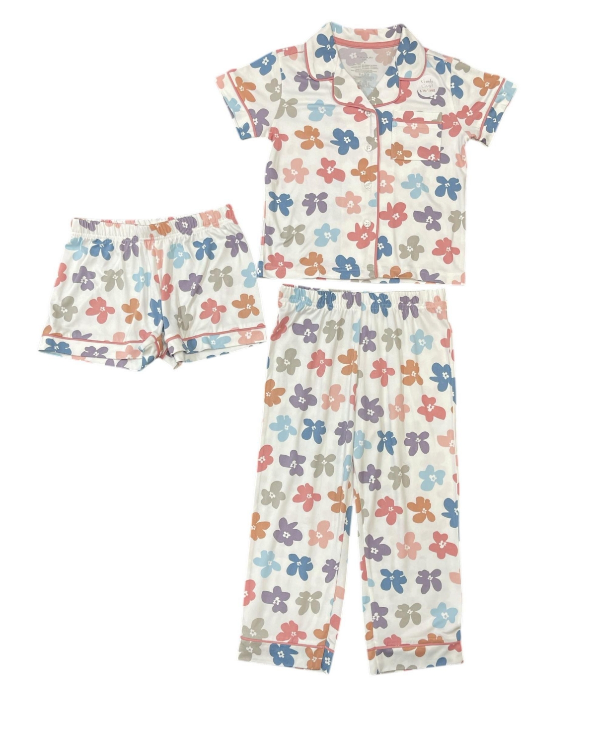 Tahari Girls 3-Piece Pajama Set with Short Sleeve Notch Collar Top, Elastic Waistband Pants, and Shorts Scrunchie