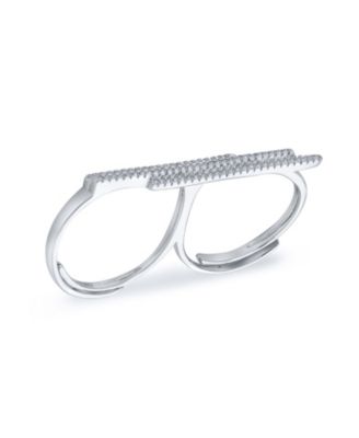 Boho Geometric CZ Cubic Zirconia Pave Double Sideway Bar Two Finger Ring Sterling Silver