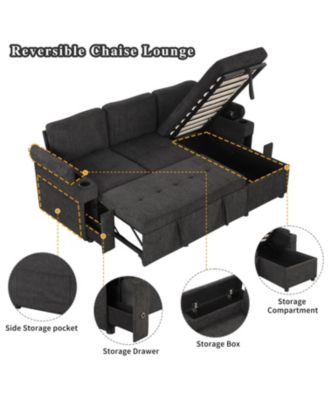 83.5" L-shaped Sofa Couch Convertible Sofa Bed Sectional Sofa with Ample Storage Space, Two Cup Holders and Two USB Ports for Living Room