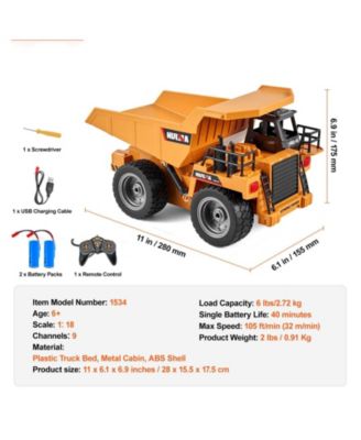 RC Dump Truck Toy, 9-Channel 1:18 Scale Remote Control Construction Truck with Metal Cabin, Lights & 2 Batteries