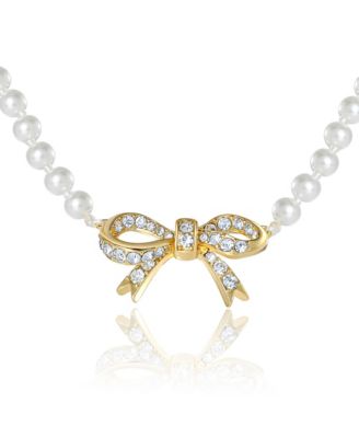 Pave Bow, Gold Tone Accents Pearl Necklace