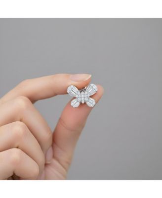 Teens/Young Adults Sterling Silver with Baguette and Clear Round Cubic Zirconia Butterfly Stud Earrings