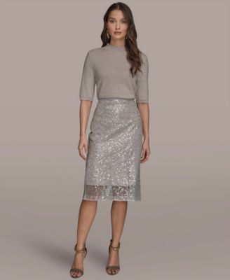 Women's Sequin Detail Mesh Pencil Skirt