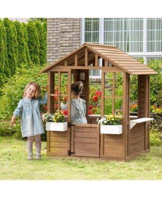 Outsunny wooden playhouse with door & windows, flowerpot holders, 46"x38", outdoor cottage for kids ages 3–8.
