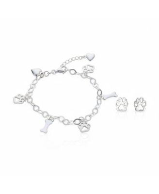 Animal Lover Best Friend Puppy Kitten Multi-Charm Bracelet & Matching Paw Print Stud Earrings Jewelry Set Sterling Silver