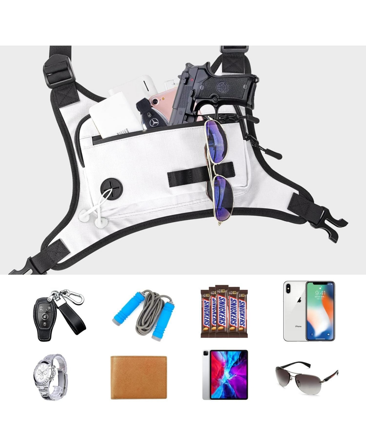 Batfox Lightweight Running Chest Pack: Outdoor Sports Vest Bag with Phone Holder for Cycling, Hiking, Workout, Skiing - Men & Women (Crystal White)