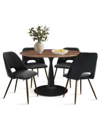 5-Piece Walnut MDF and Metal Dining Table Set with Faux Leather Upholstered Chairs Dining Table Set