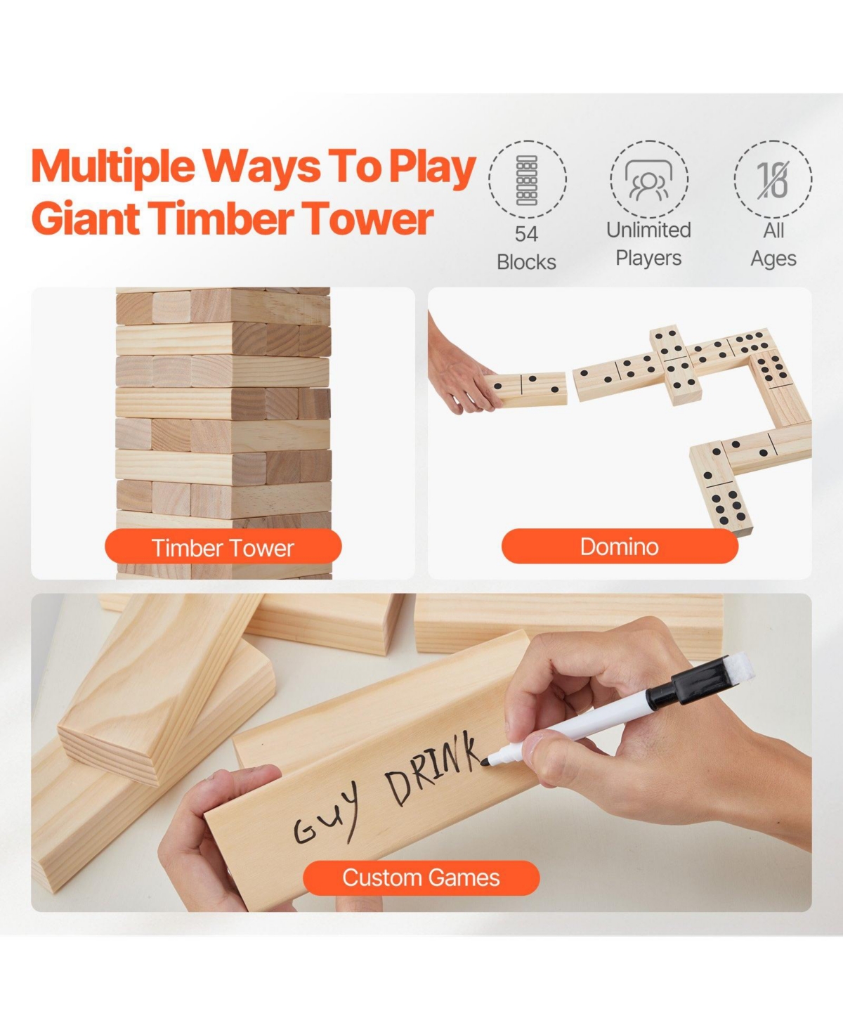 Hongge Wooden Tumbling Tower Game 54 Blocks Family Stacking Game