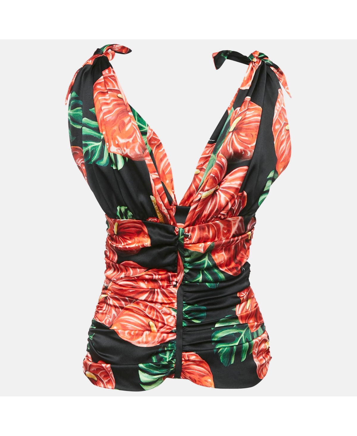 Pre-Owned Dolce & Gabbana Women's Black/red Anthurium Print Satin Ruched Top
