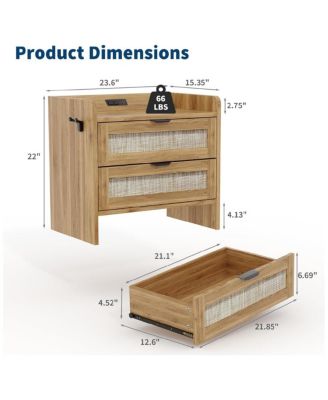 Rattan Nightstand, Bedside Table with Type-C Charging Station - 2 Storage Drawer Space, Boho End Table Side Table, 1pcs