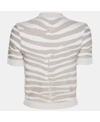 Women's Metallic Beige Zebra Detail Stretch Knit Cardigan