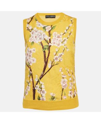 Women's Yellow Floral Print Silk And Cotton Knit Sleeveless Top