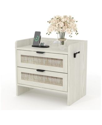 Rattan Nightstand, Bedside Table with Type-C Charging Station - 2 Storage Drawer Space, Boho End Table Side Table, 1pcs