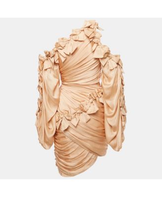 Women's Beige Silk Bow Detail Ruche Short Dress