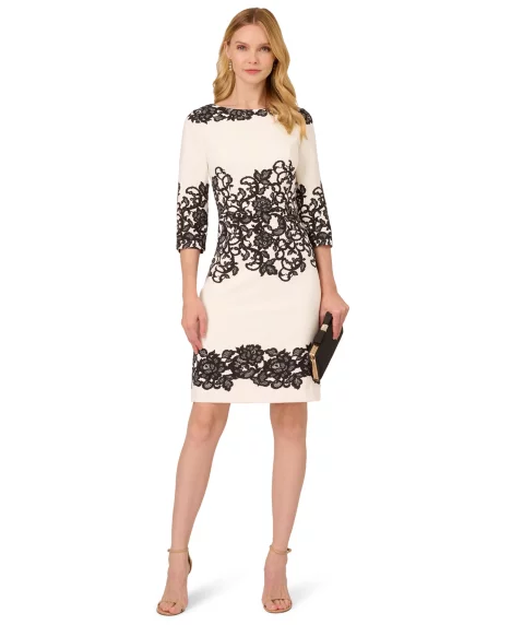 Women's Lace-Print Sheath Dress - Ivory/Black