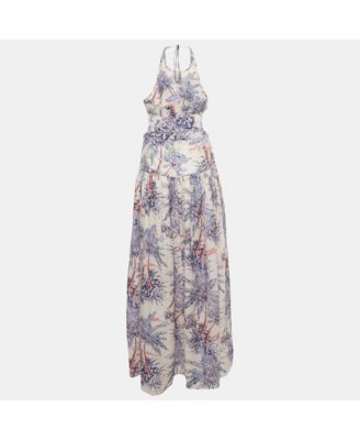 Women's Pink Palm Tree Print Linen Halter Neck Maxi Dress