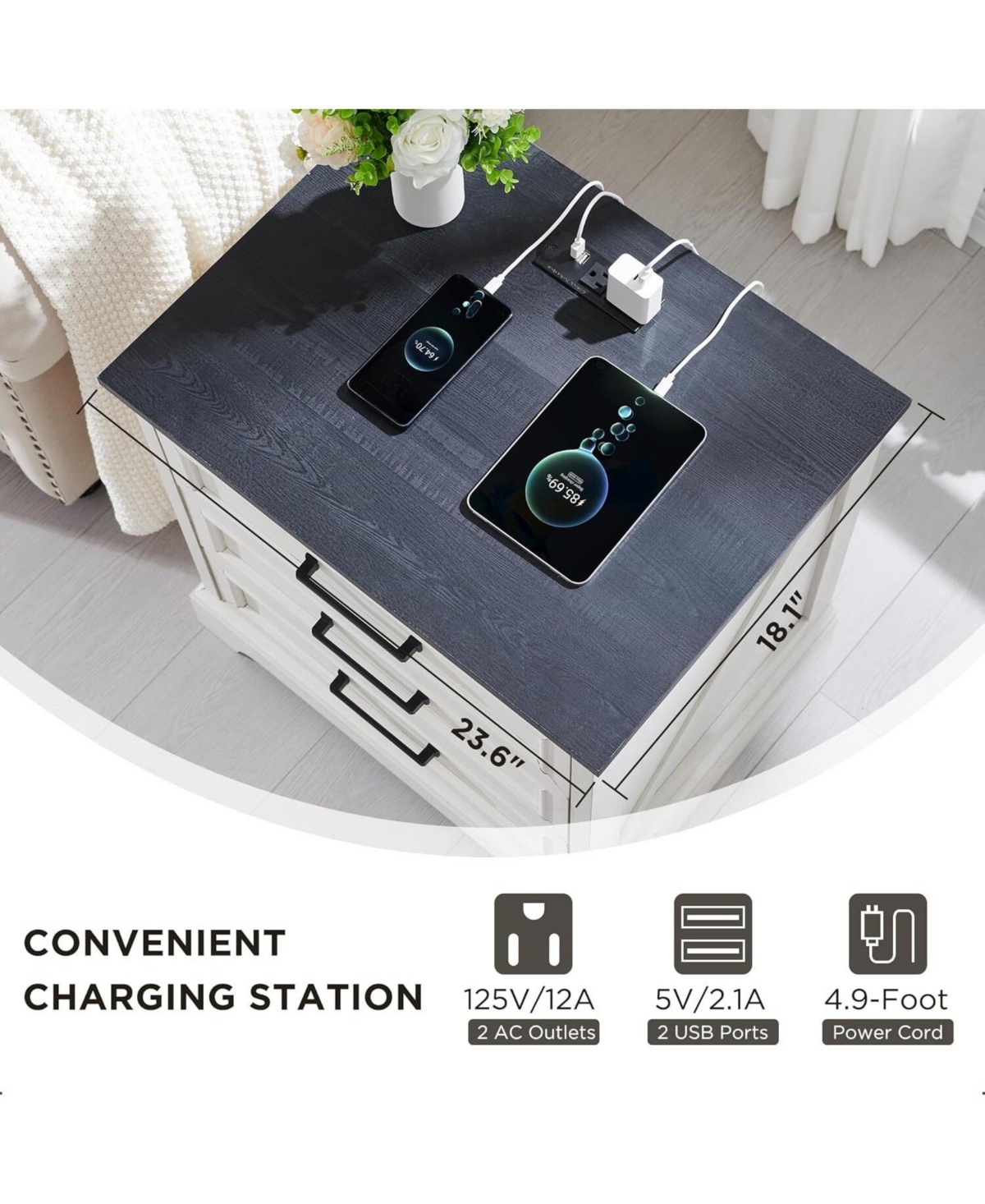 gaomon Farmhouse Nightstand with Charging Station, 22 Inch Wide End Table with 3 Large Drawers & Bar Handles, Rustic Wood Small Dresser