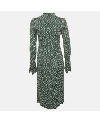 Women's Green Printed Crepe Midi Dress