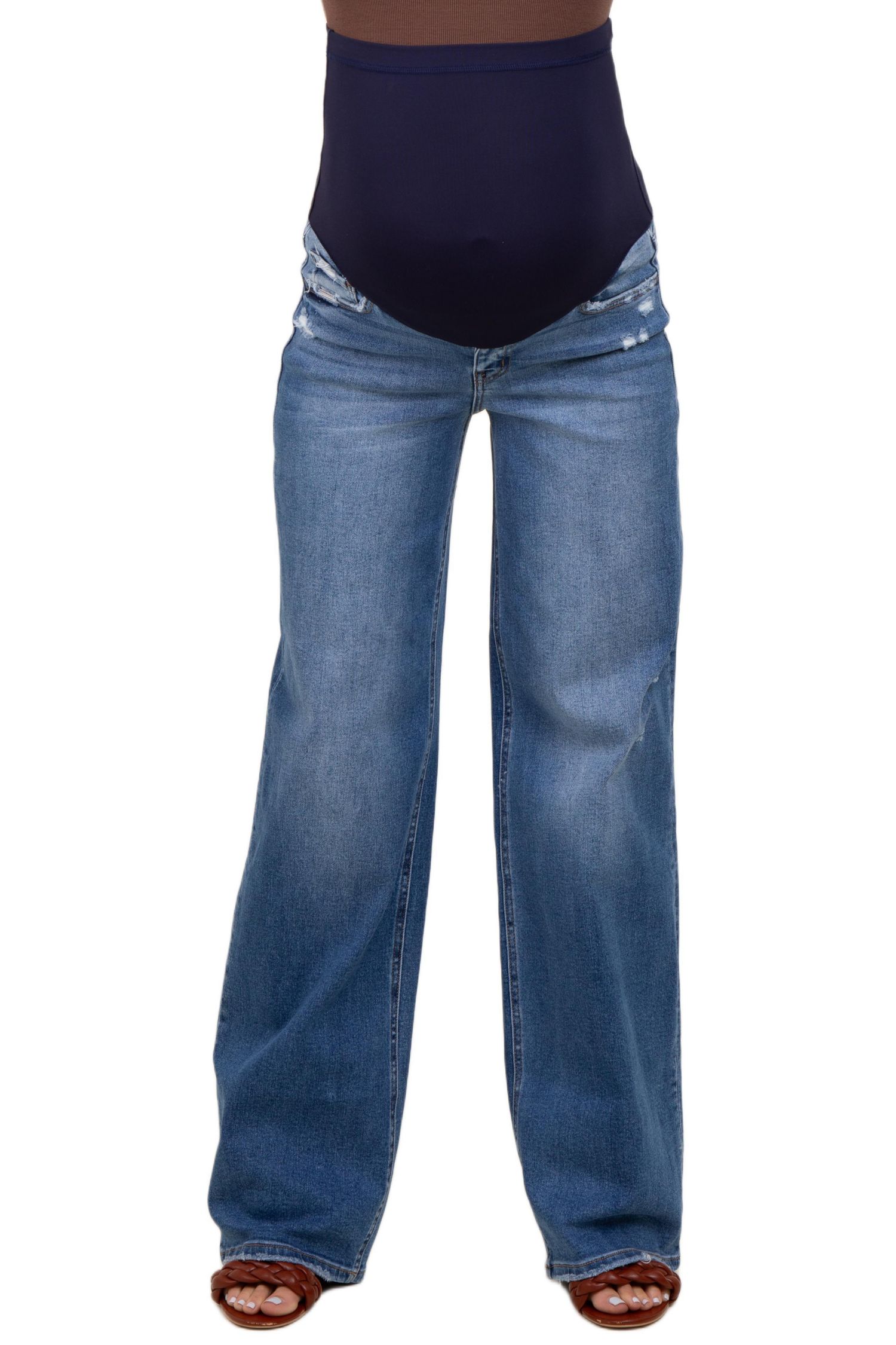 Women's Blue Lightly Distressed Wide Leg Jeans