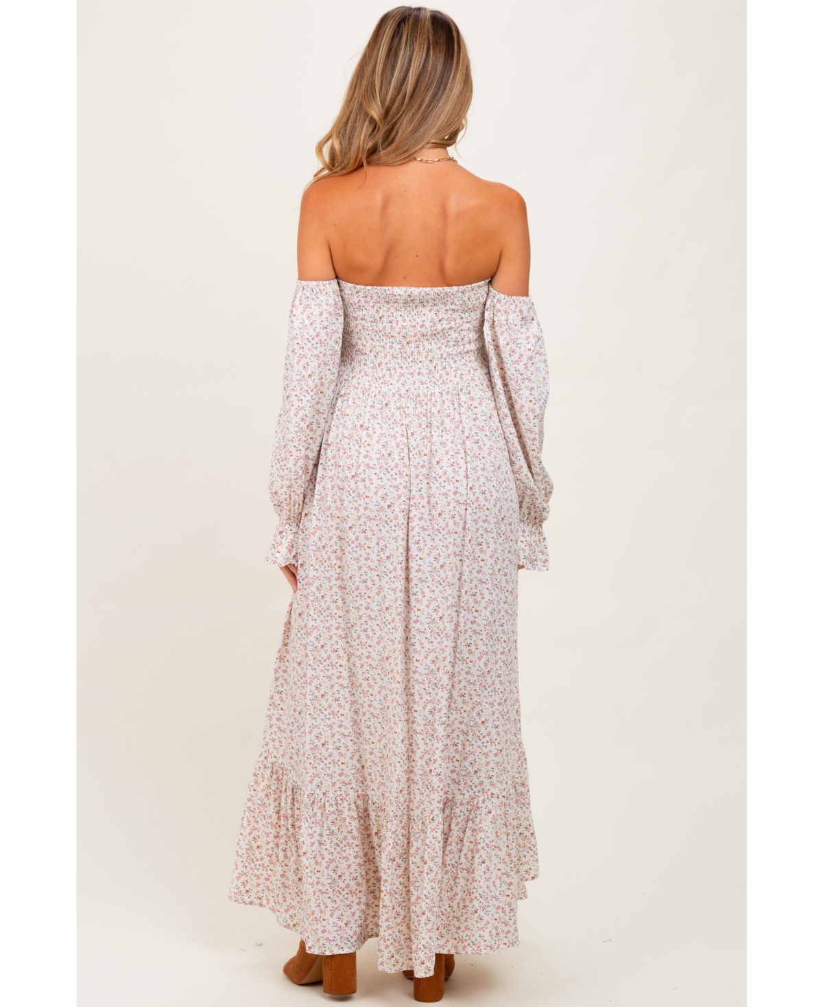 Pinkblush Maternity Cream Floral Smocked Off Shoulder Maxi Dress
