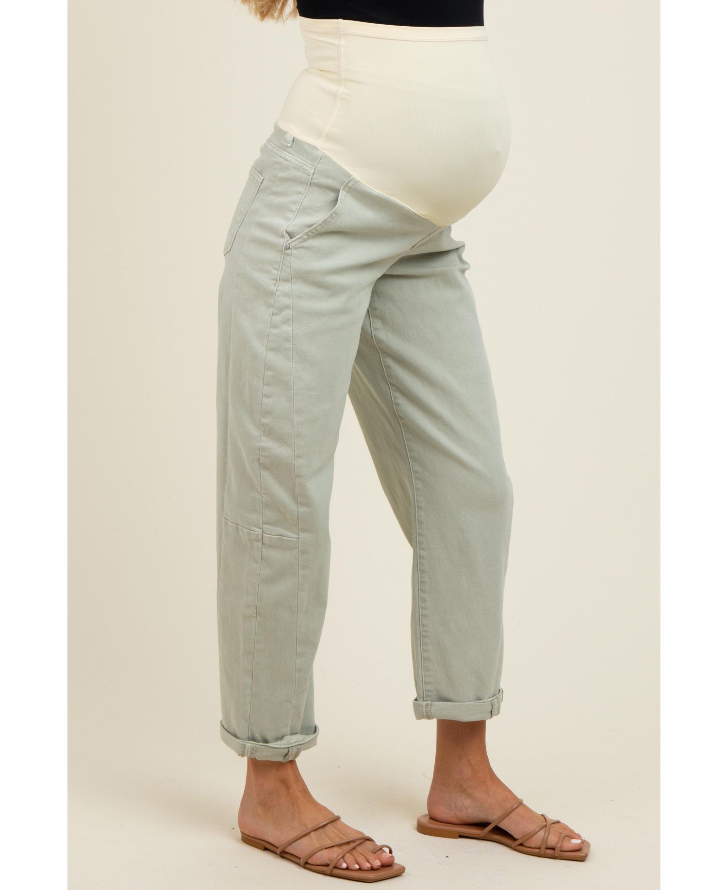 Women's Light Olive Rolled Cuff Barrel Leg Jeans