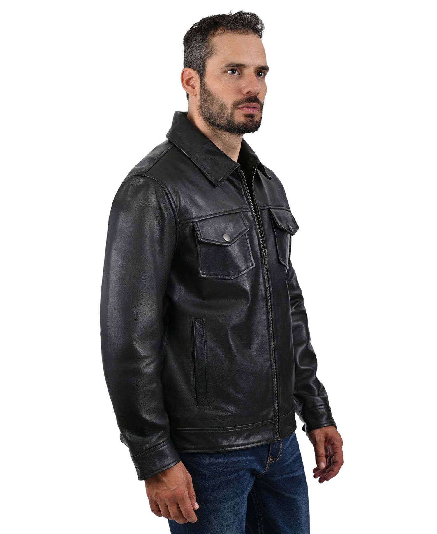 Men's Genuine Leather Regular-Fit Collared Neck Jacket