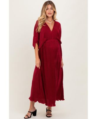Maternity Burgundy Pleated Satin Dolman Sleeve Maxi Dress