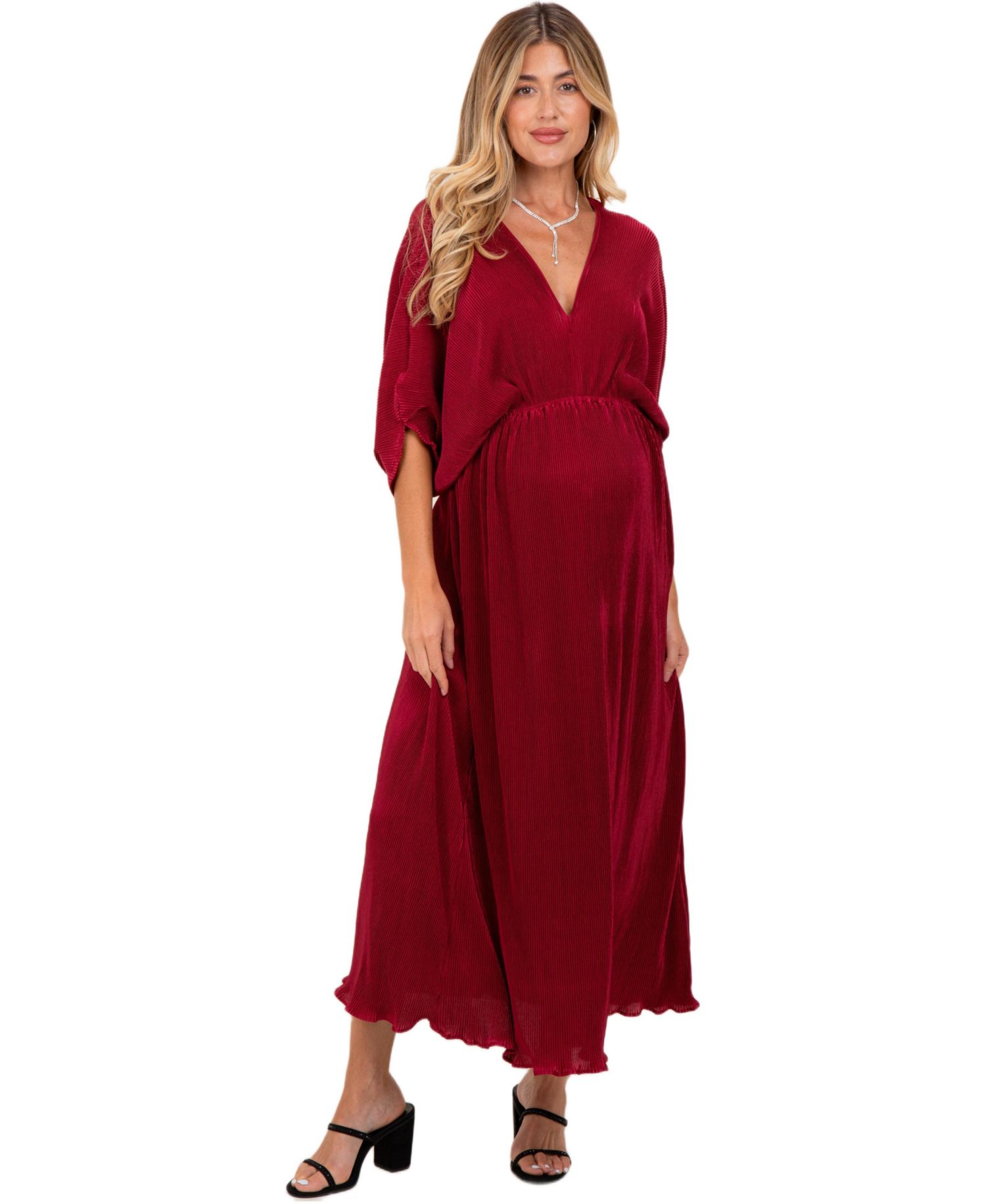 Women's Burgundy Pleated Satin Dolman Sleeve Maxi Dress