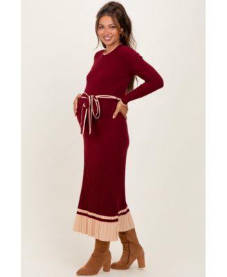 Maternity Burgundy Elegant Ribbed Midi Sweater Dress With Belt