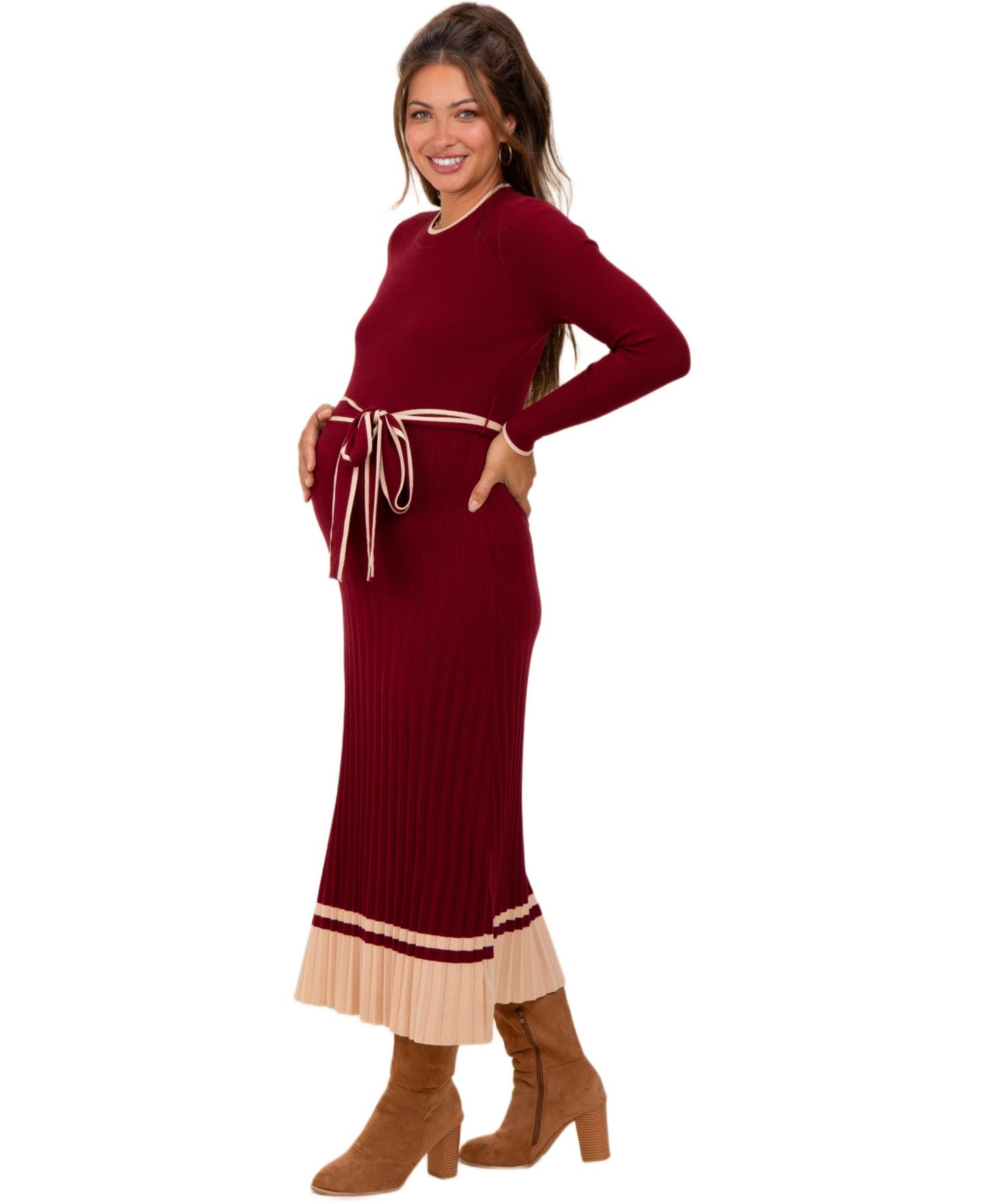 Женское платье Pinkblush Burgundy Elegant Ribbed Midi Sweater Dress With Belt, цвет: Бордовый — фото 3