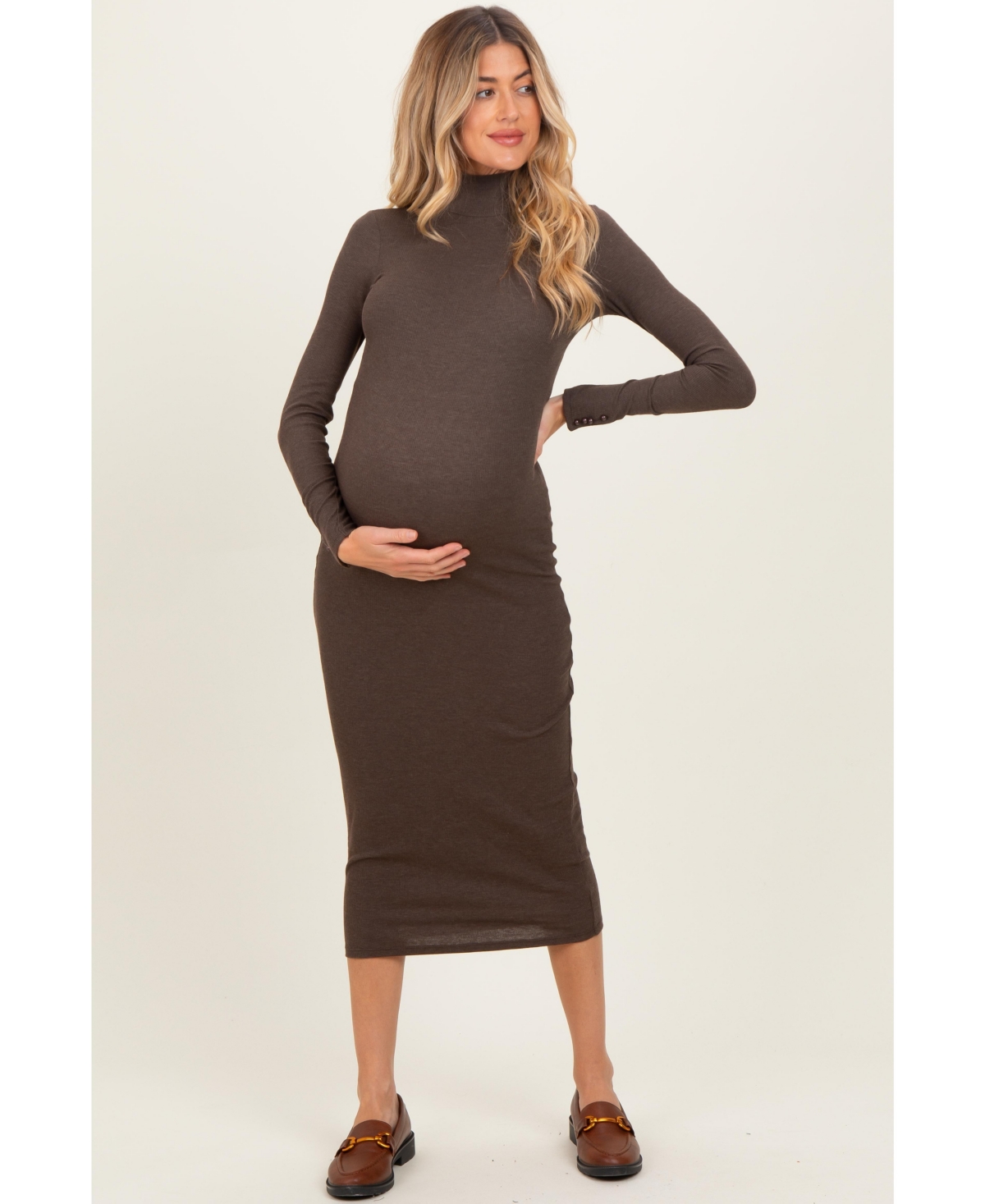 Pinkblush Maternity Brown Turtle Neck Long Sleeve Rib Fitted Midi Dress