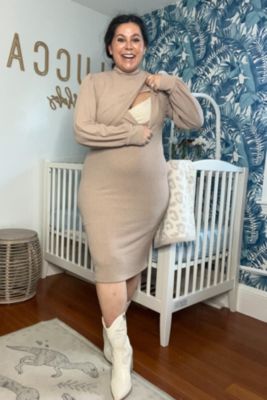Maternity Taupe Rib Knit Mock Neck Nursing Dress