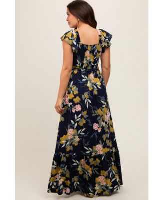 Maternity Navy Floral Smocked Cinched Top Maxi Dress
