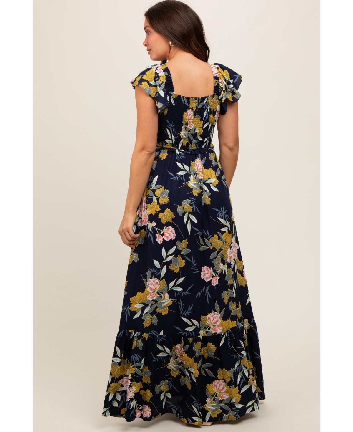 Pinkblush Maternity Navy Floral Smocked Cinched Top Maxi Dress
