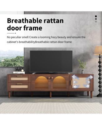 Rattan TV Stand with 3 Cabinets & 2 Drawers Media Console Table for TVs up to 80" with LED Light