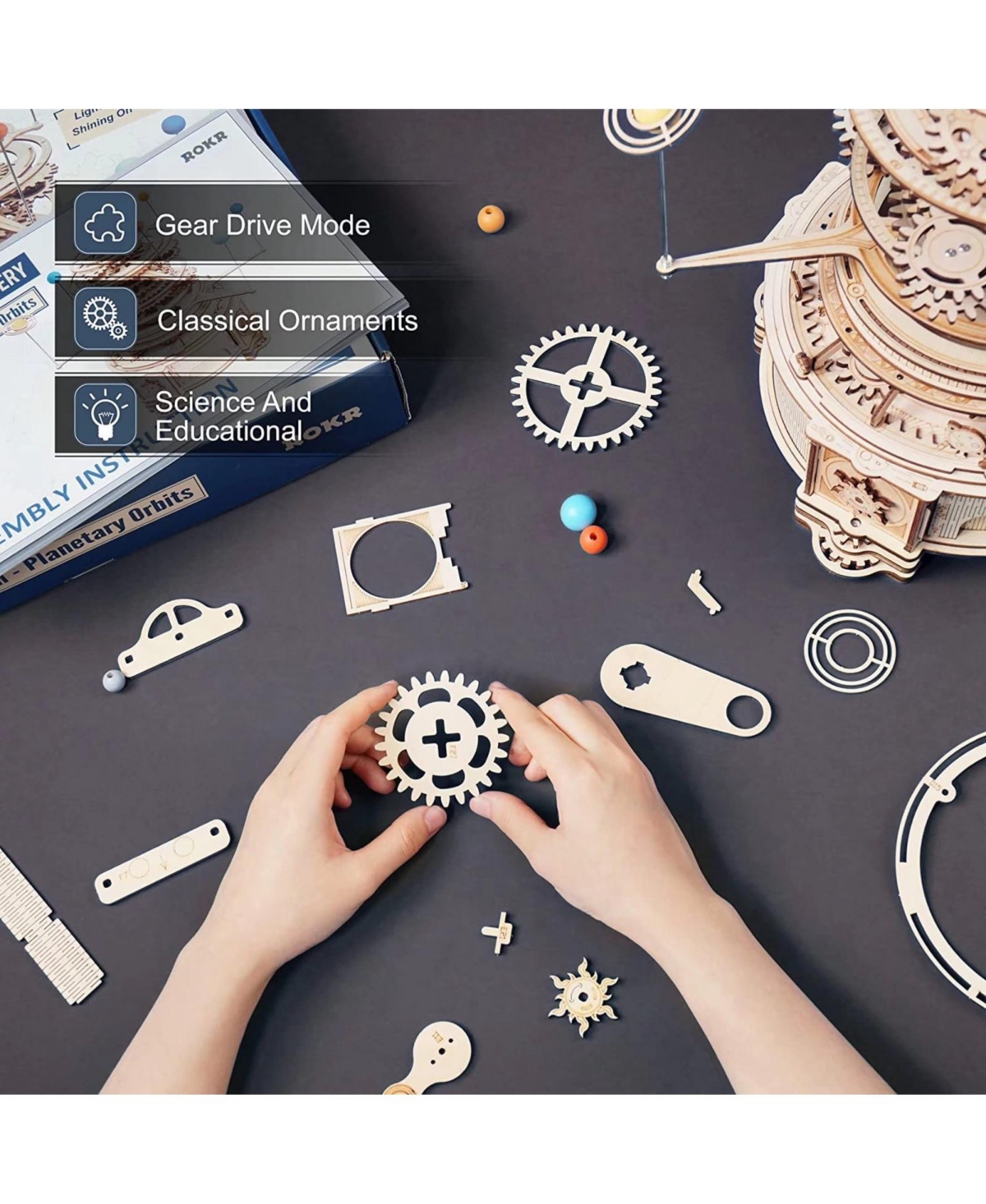 Robotime 316 Pieces 3D Wooden Puzzle Orrery Solar System Model Kit, Multicolored, 13"12.6"13.8"