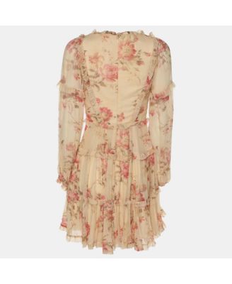 Women's Yellow Floral Print Silk Corsair Corset Frill Mini Dress