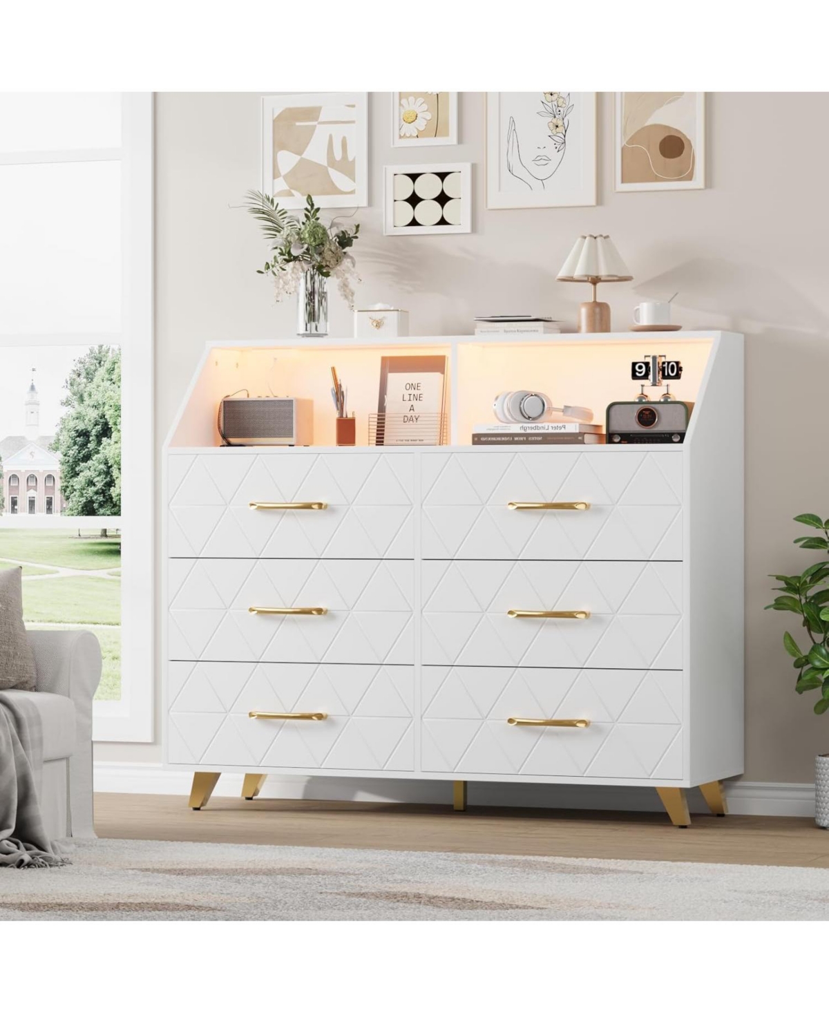 Gaomon 6-Drawer Wood Dresser with Led Lighting and Charging Ports