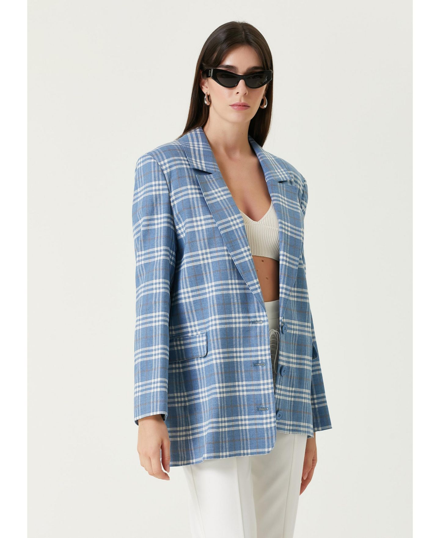 Женский пиджак PCFG Linen-Blend Checked Free Heaven Blazer, цвет: Синий — фото 3